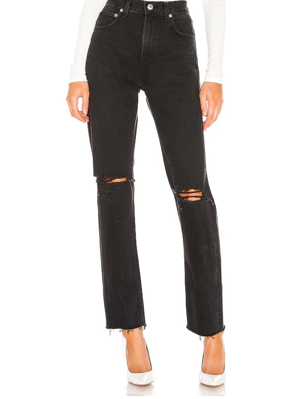 Agolde Black High-Rise Distressed Straight Jeans